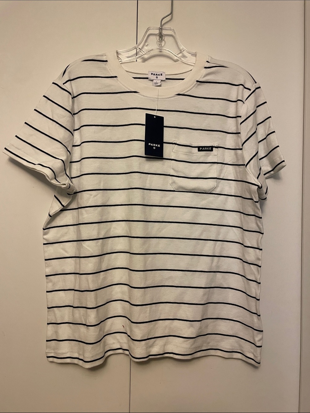 Parke White Tee with Black Stripes and Chest Pocket